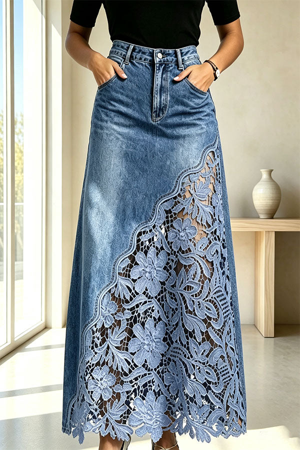 Stylish and Elegant Denim Side Panels Flower Crochet Lace Pocket Maxi Skirt
