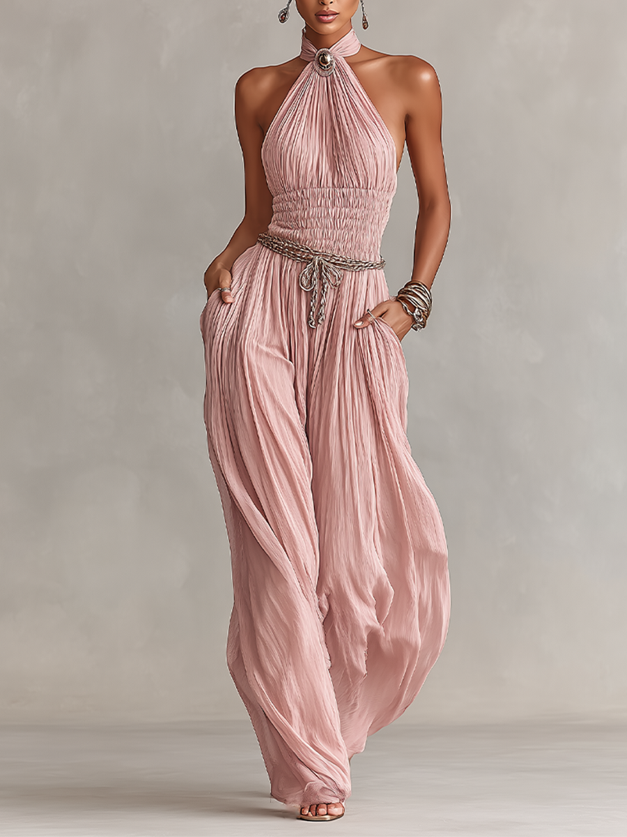 Halter Neck & Ruched Waist Pleated Jumpsuit