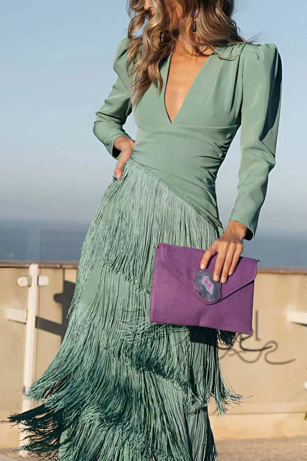 Elegant Night V-Neck Long Sleeve Layered Tassel Hem Maxi Dress