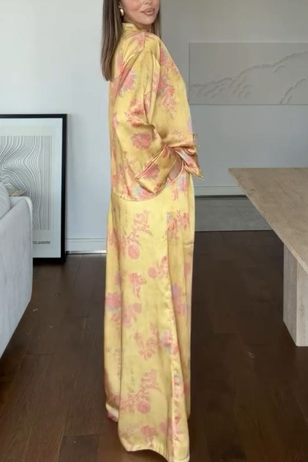 Floral Print Satin Knotted Button Long Sleeve Shirt and Elastic Waist Pocket Wide Leg Pants Set