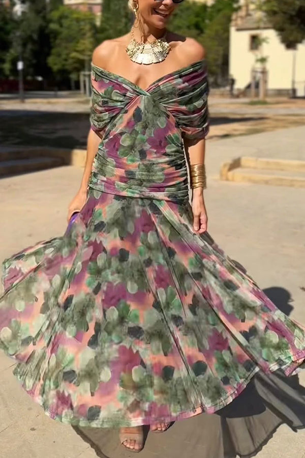 Unique Printed V-Neck Waisted Mesh Holiday Maxi Dress