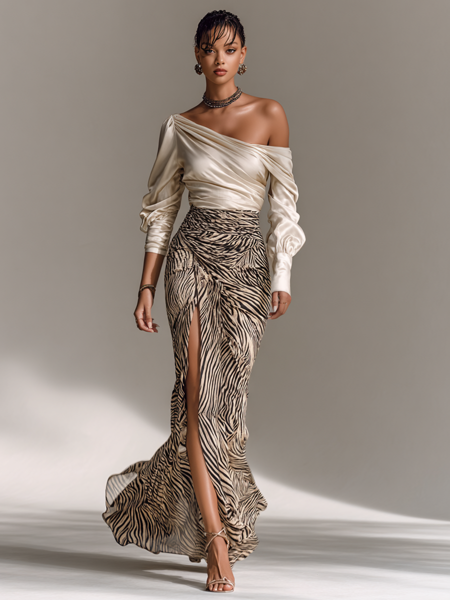 Satin Off-shoulder Long-sleeved Top With Zebra Print Hip-wrapped Slit Skirt Two-piece Set