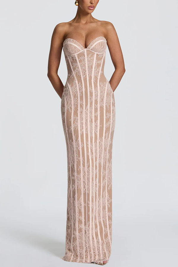 Summer Colour Sian Floral Lace Contrast Structural Detail Back Lace-up Strapless Slit Maxi Dress