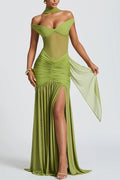 Raise The Level Mesh Off Shoulder Ruched Scarf Stretch Maxi Dress