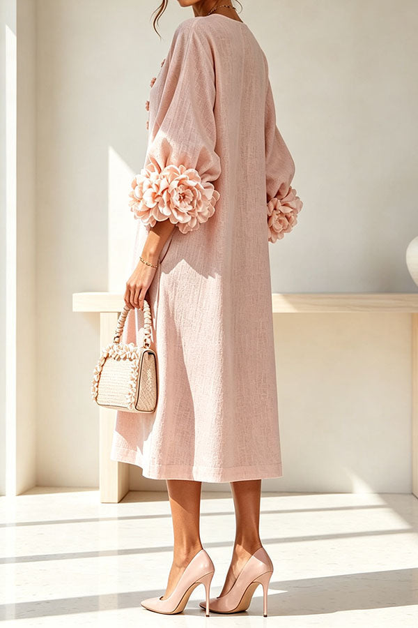 Rima Linen Blend Flowers Button Down Floral Cuffs Half Sleeve Pocket Midi Dress