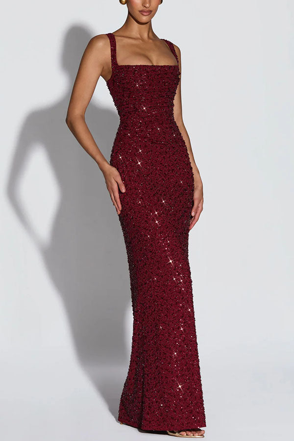 Calanthe Sequin Embellished Chiffon Ruched Square Neck Back Lace-up Maxi Dress