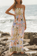 Unique Print Square Neck Spaghetti Strap Waist Casual Maxi Dress
