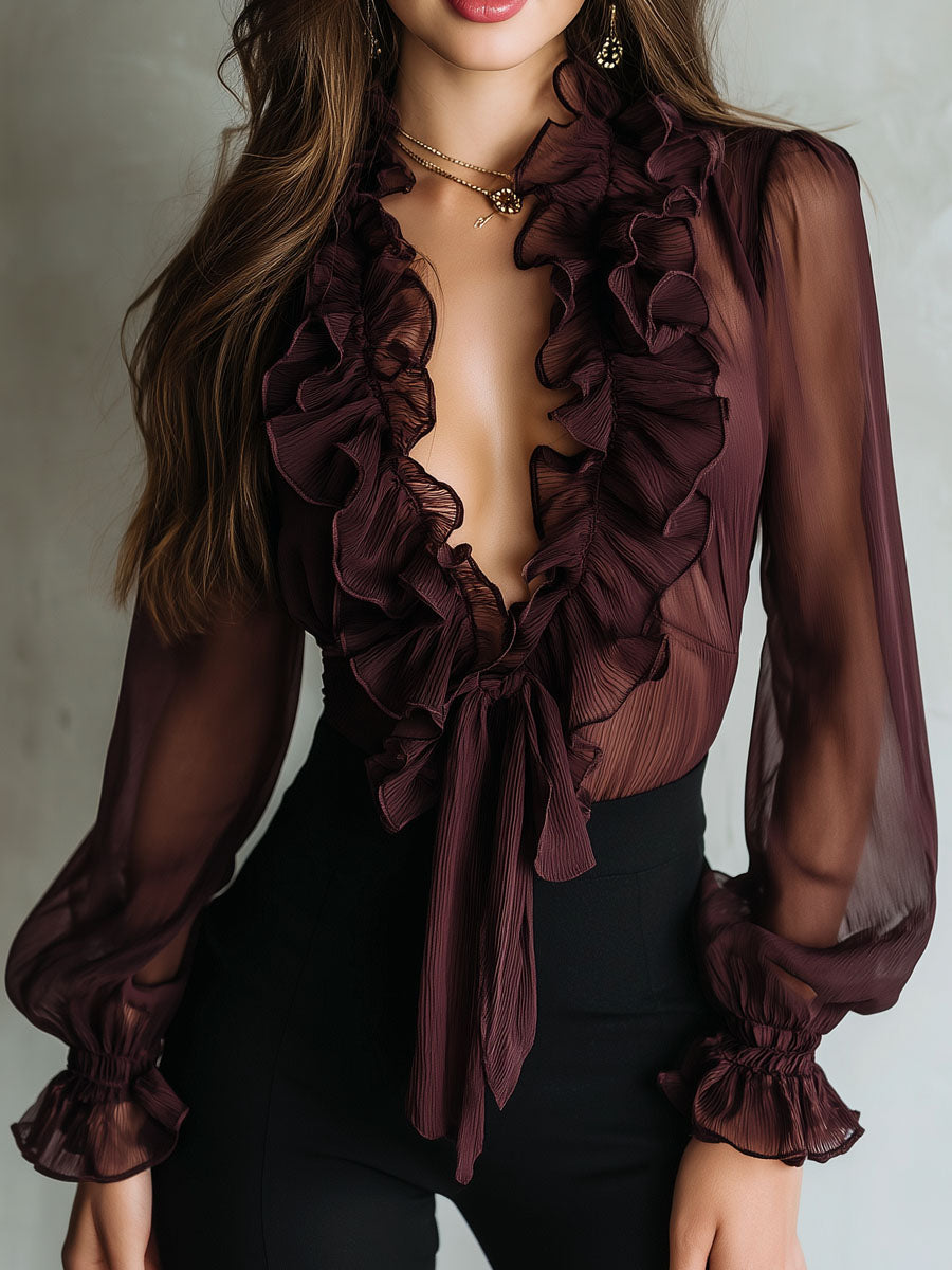 Retro Ruffle Tie-Front Blouse