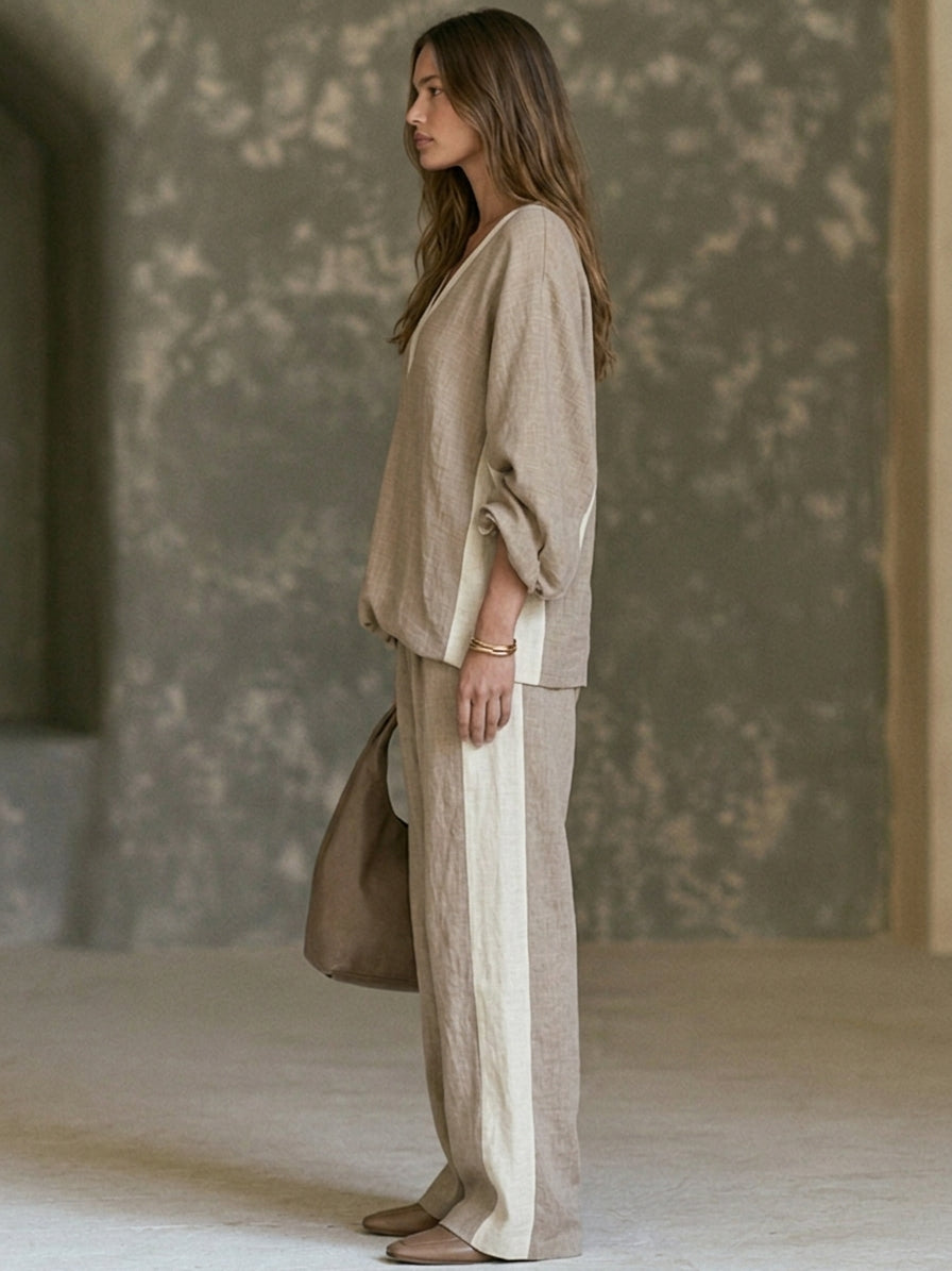 Contrast-Trim Batwing Wide-Leg Set