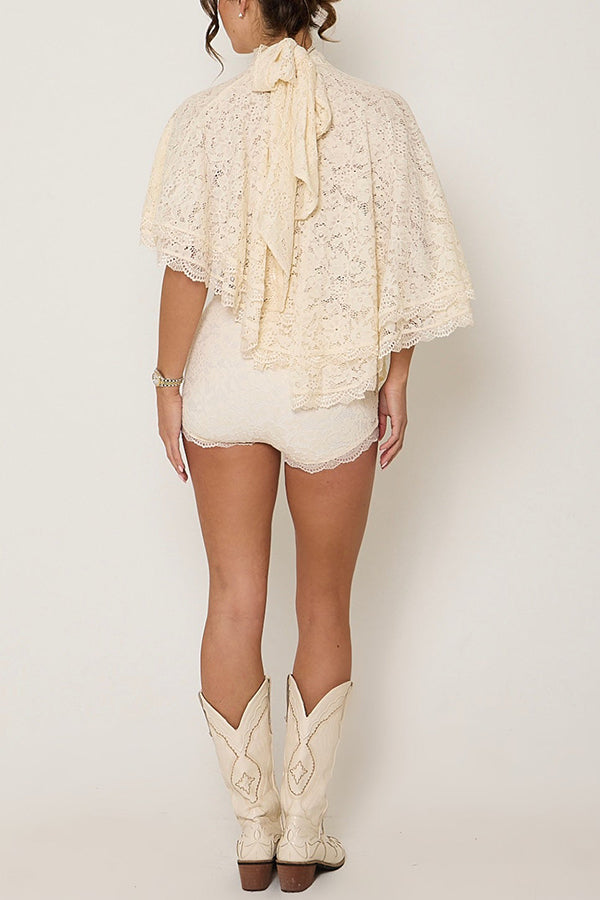 Carmen Lace Bow-tie Round Neckline Ruffle Cape Overlay Top