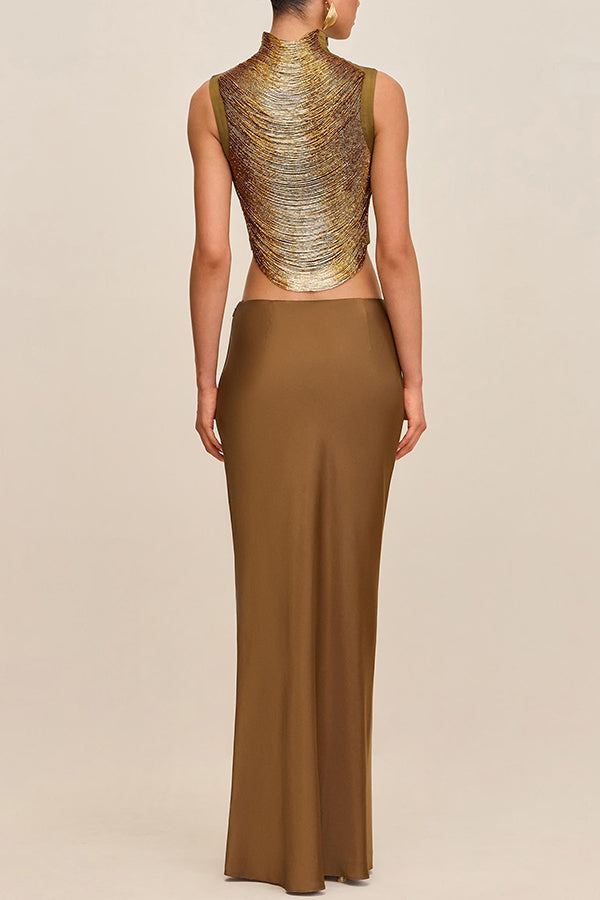 Keep Polished Satin High Rise Bias Cut Drape Maxi Skirt
