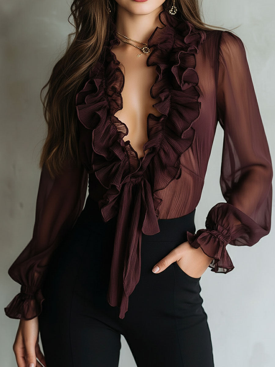 Retro Ruffle Tie-Front Blouse