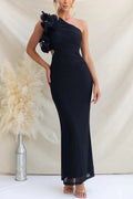 Fashionable Mesh Sleeveless One-shoulder Waist-revealing Maxi Dress