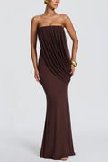 Vienna Modal Jersey Ruched Asymmetric Draped Mesh Strapless Maxi Dress