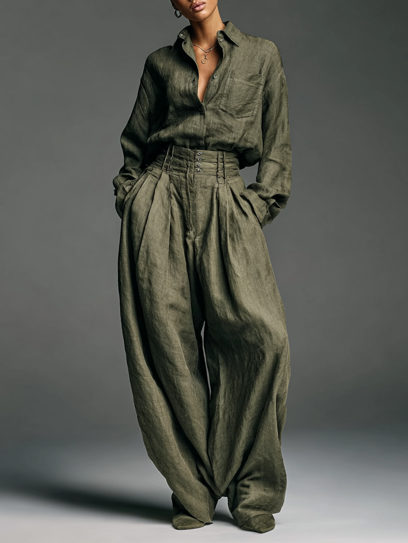 Women's Fashion Cotton And Linen Blended Long Sleeve Shirt Wide Leg Pants Two-Piece Set