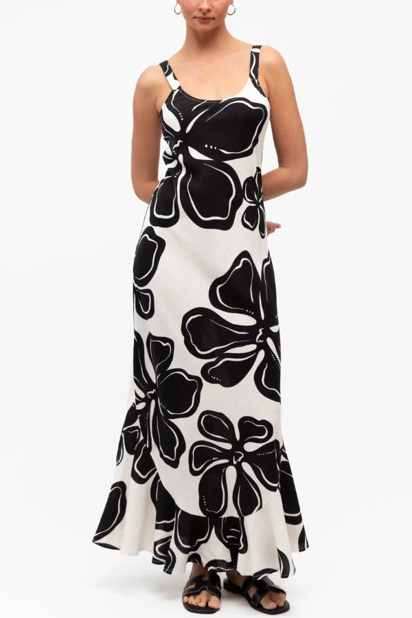 Color-blocked Floral Print Sleeveless Slim-fit Elegant Ruffled Hem Maxi Dress
