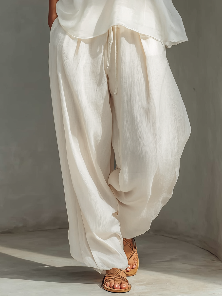 Semi-sheer Chiffon Sleeveless Top & Cotton And Linen Blend Drawstring Wide-Leg Trousers