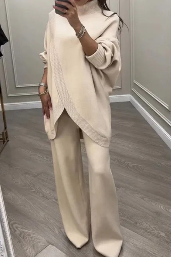 Solid Color Loose-fitting Turtleneck Knit Top and Elastic Waist Casual Pocket Straight Leg Pants