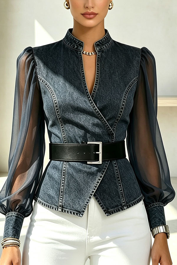 Faux Denim & Sheer Tulle Sculpted Crossover Blouse