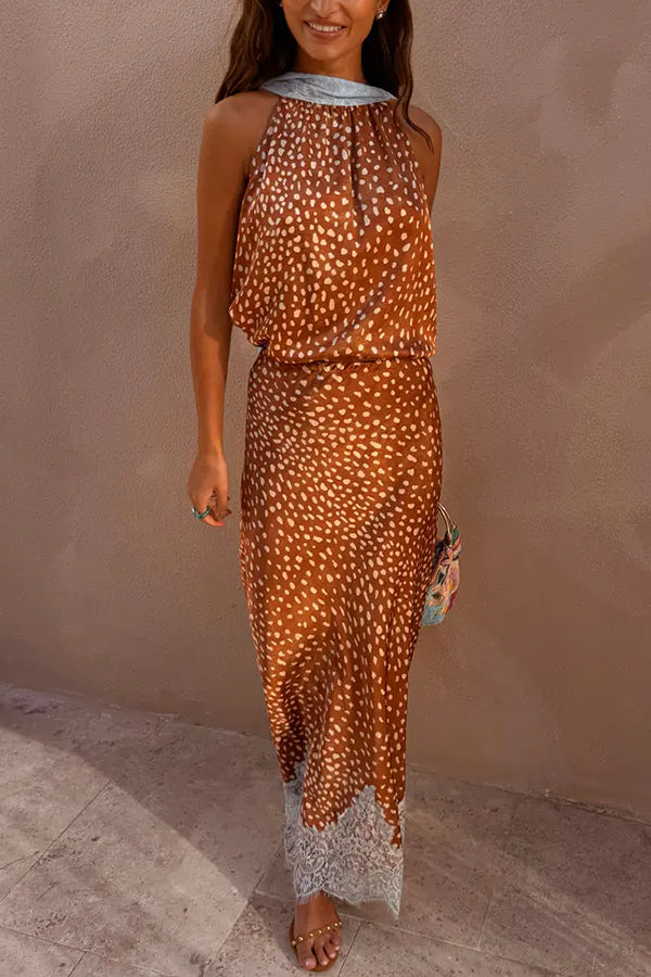 Stunning Fawn Print Contrast Color Satin Lace Trim Neck Strap Loose Tank