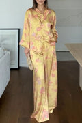 Floral Print Satin Knotted Button Long Sleeve Shirt and Elastic Waist Pocket Wide Leg Pants Set
