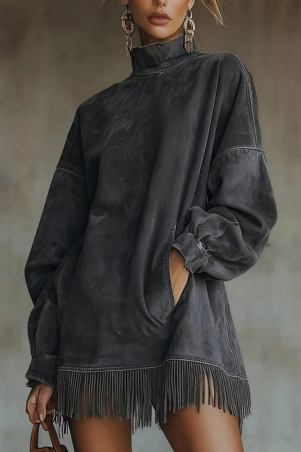 Stylish Suede High-neck Long-sleeved Loose-fitting Pockets Tassel Mini Dress
