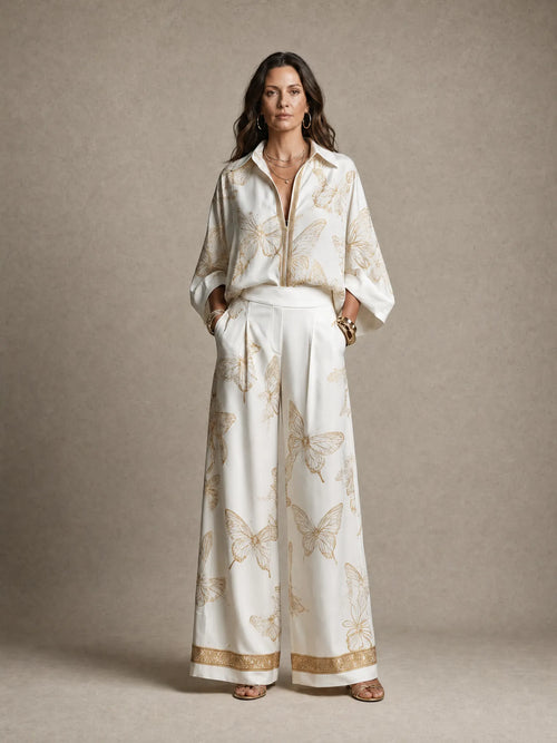 Bohemian Luxe Butterfly Jacquard Blouse & Wide-Leg Pants Set