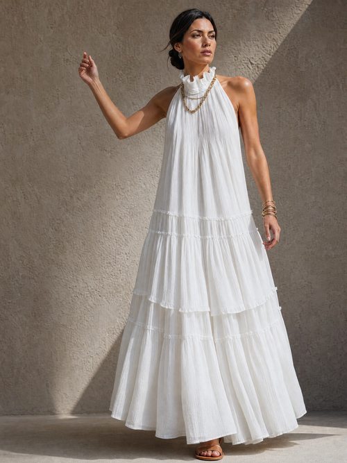 Airy High-Neck Tiered Bohemian Maxi Dress