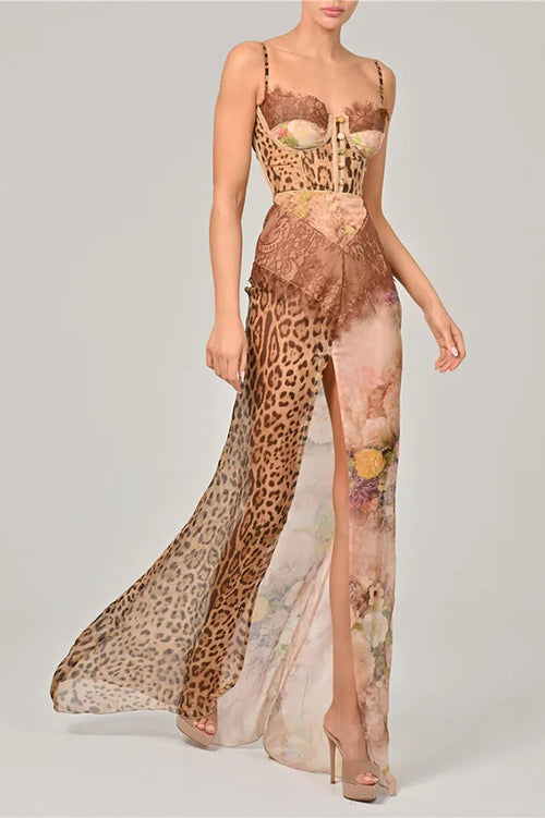 Chiffon Leopard Print Sexy Lace Splicing High Slit Slim Maxi Dress