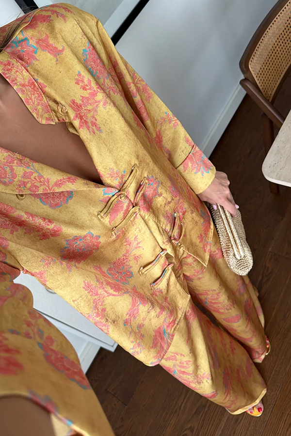 Floral Print Satin Knotted Button Long Sleeve Shirt and Elastic Waist Pocket Wide Leg Pants Set