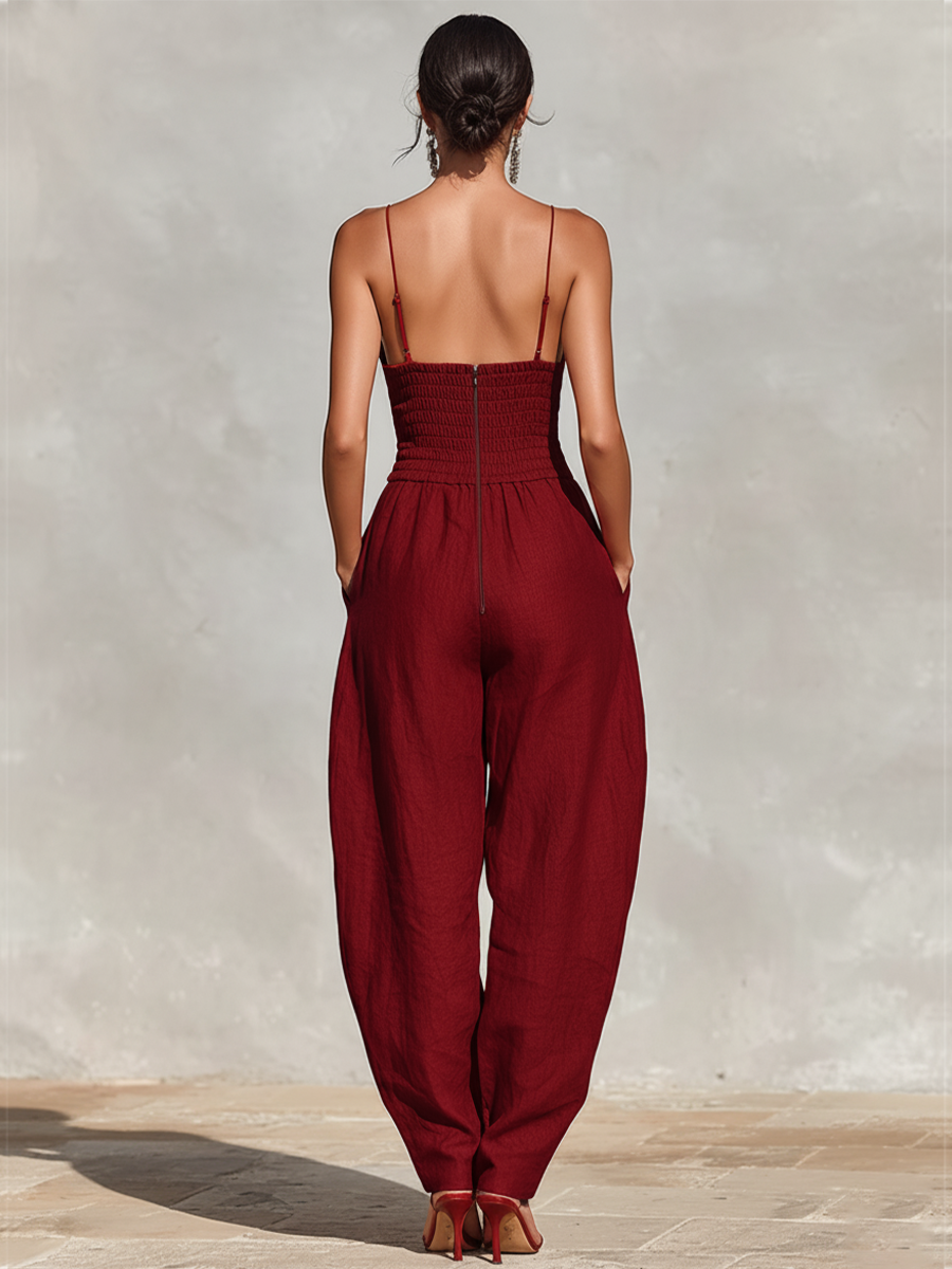 Spaghetti Straps & High-Waisted Pleated Jumpsuit
