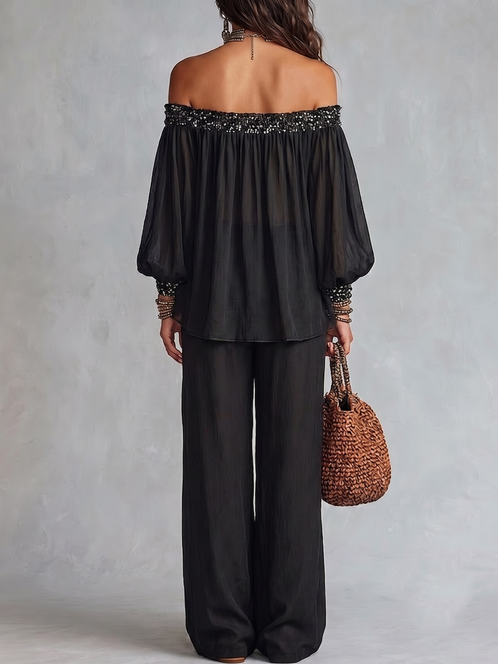 Sequined Off-Shoulder Pants Set