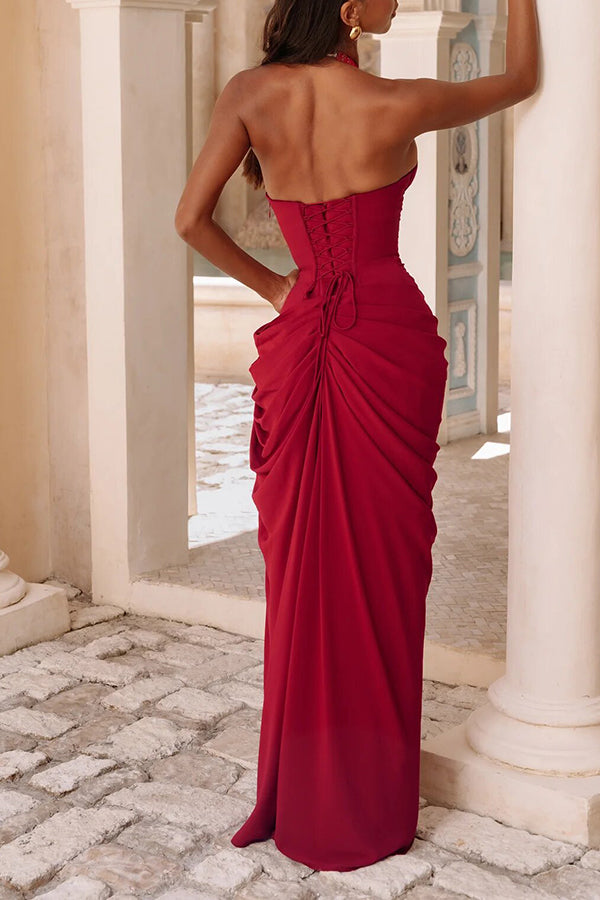 Minette Halter Back Lace-up Asymmetrical Pleats Slit Maxi Dress (pink)