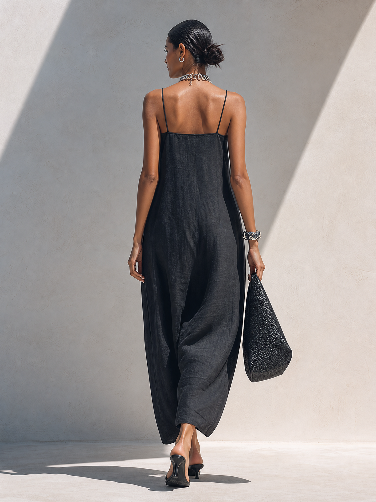 Ruffle Neck Linen Maxi Dress