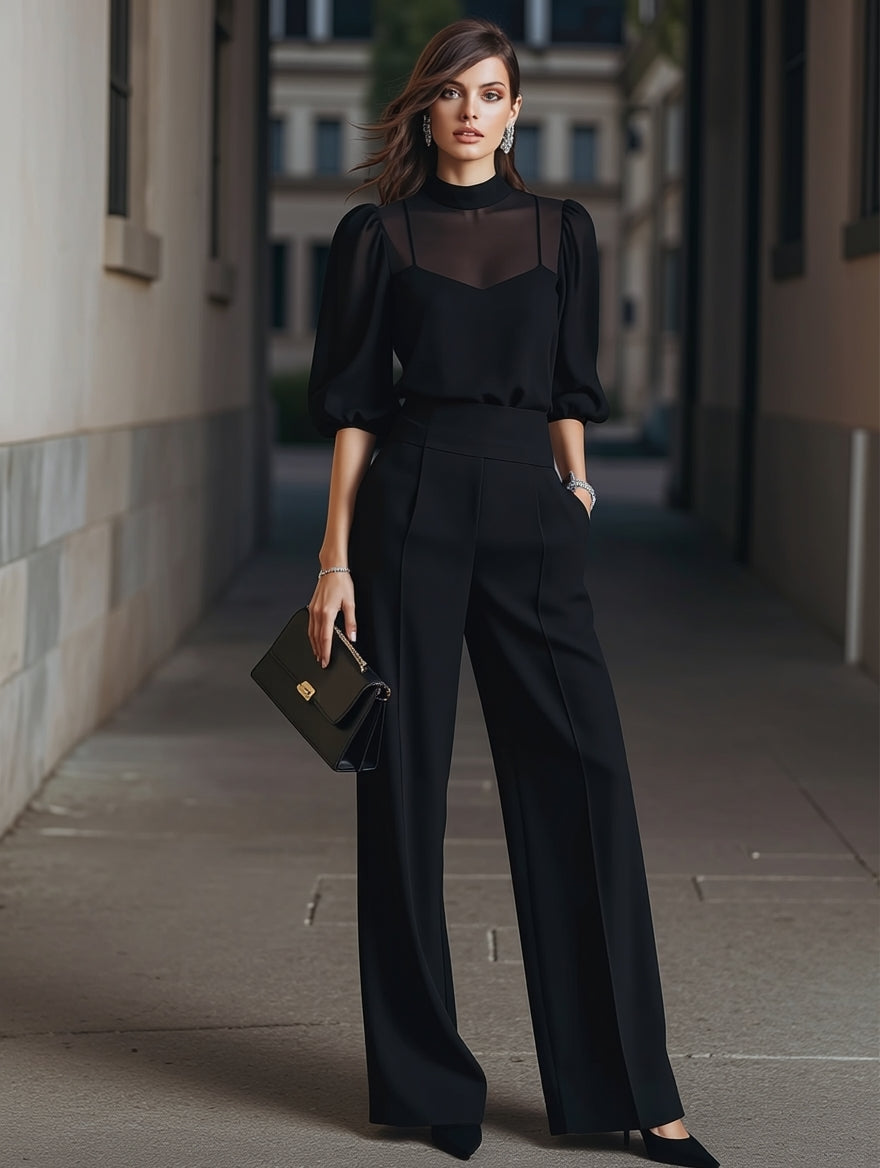 Sheer Chiffon Wide-Leg Three-Piece Set