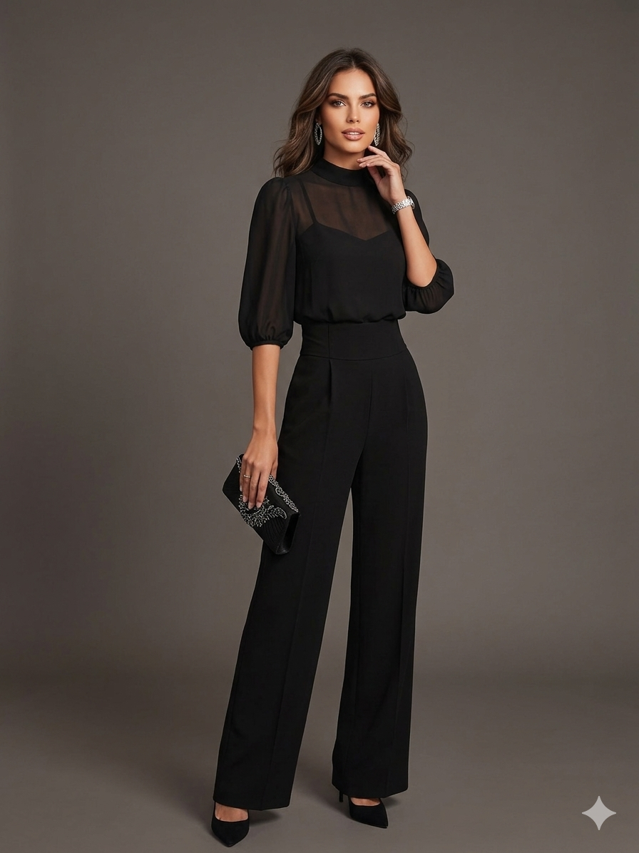 Sheer Chiffon Wide-Leg Three-Piece Set