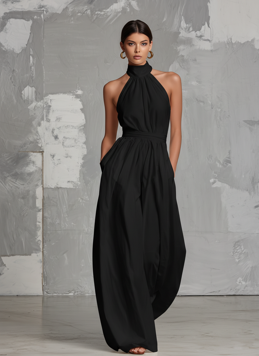 Elegant White Woven Sleeveless Halter-neck Jumpsuit