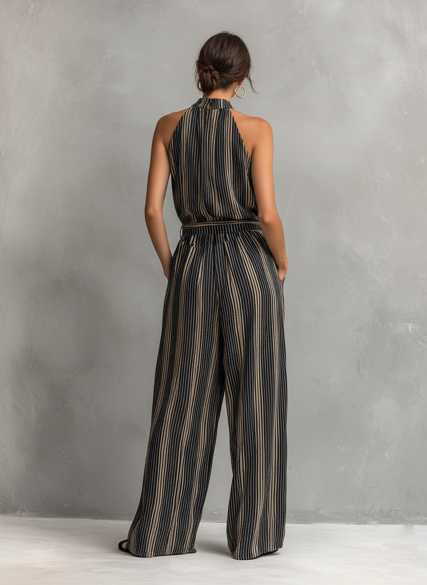 Striped Printed Woven Round Neck Sleeveless Top Paired With Trousers Set