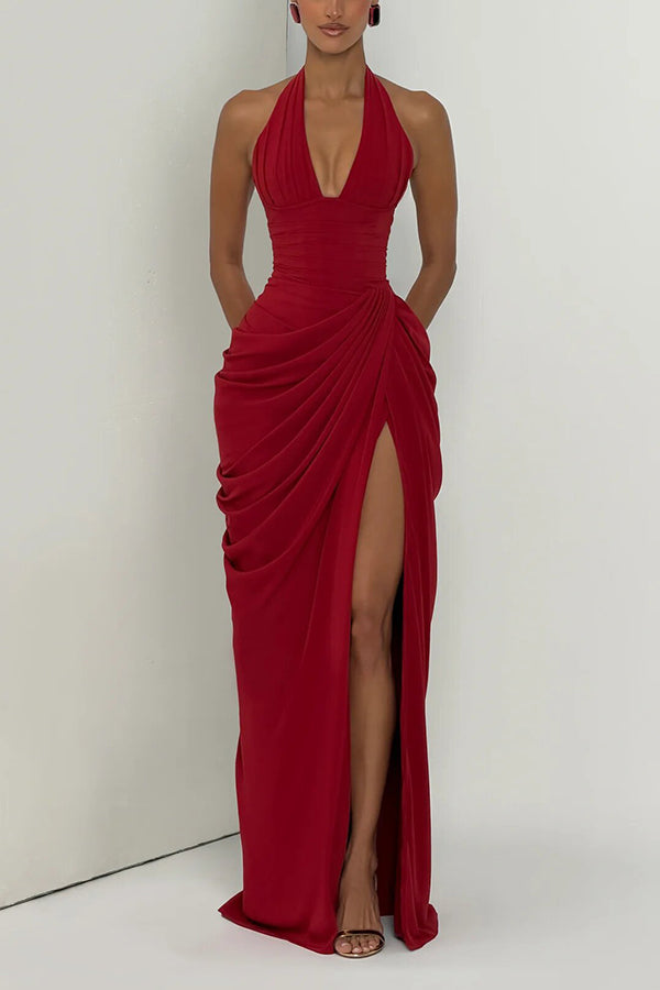 Minette Halter Back Lace-up Asymmetrical Pleats Slit Maxi Dress (pink)