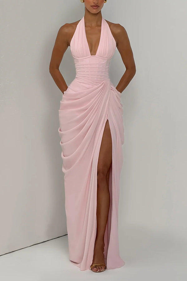 Minette Halter Back Lace-up Asymmetrical Pleats Slit Maxi Dress (pink)