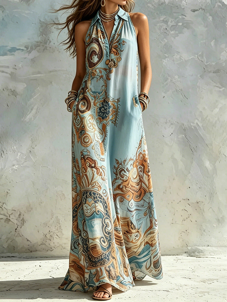 Retro Print Shirt Maxi Dress
