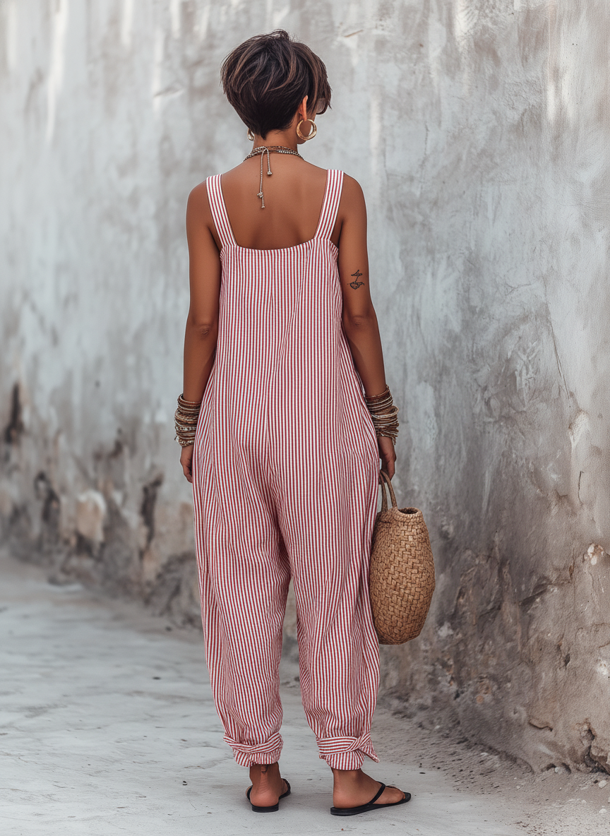 Minimalist Striped Loose-Fit Square-Neck Sleeveless Jumpsuit