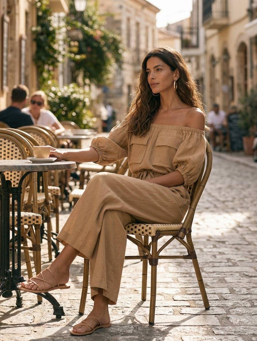Off-Shoulder Drawstring Wide-Leg Jumpsuit