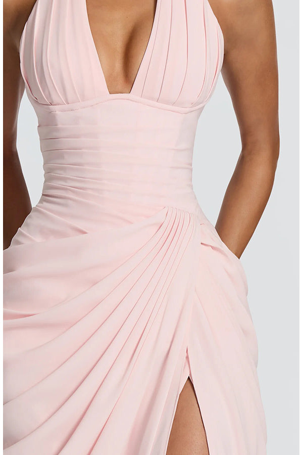 Minette Halter Back Lace-up Asymmetrical Pleats Slit Maxi Dress (pink)
