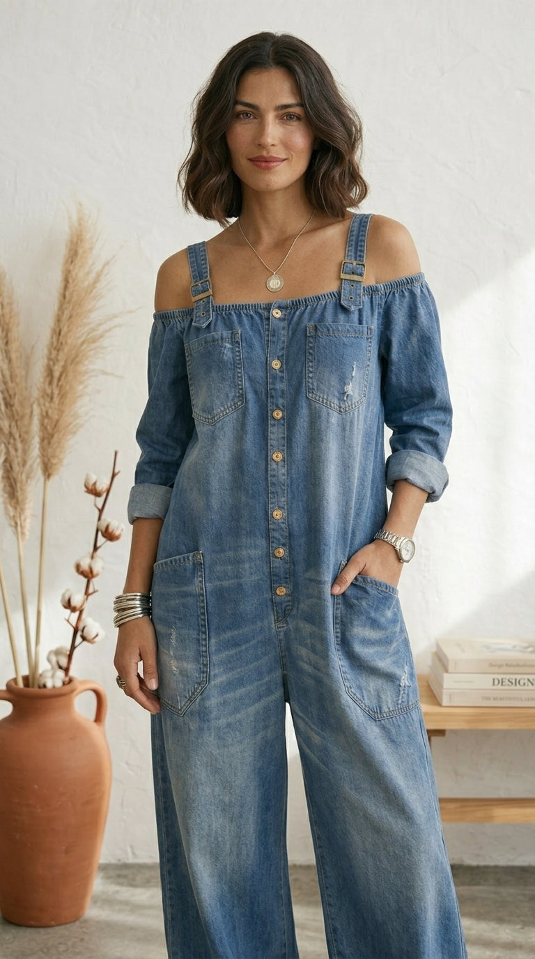 Ruth | Blue Off-Shoulder Wide-Leg Jumpsuit