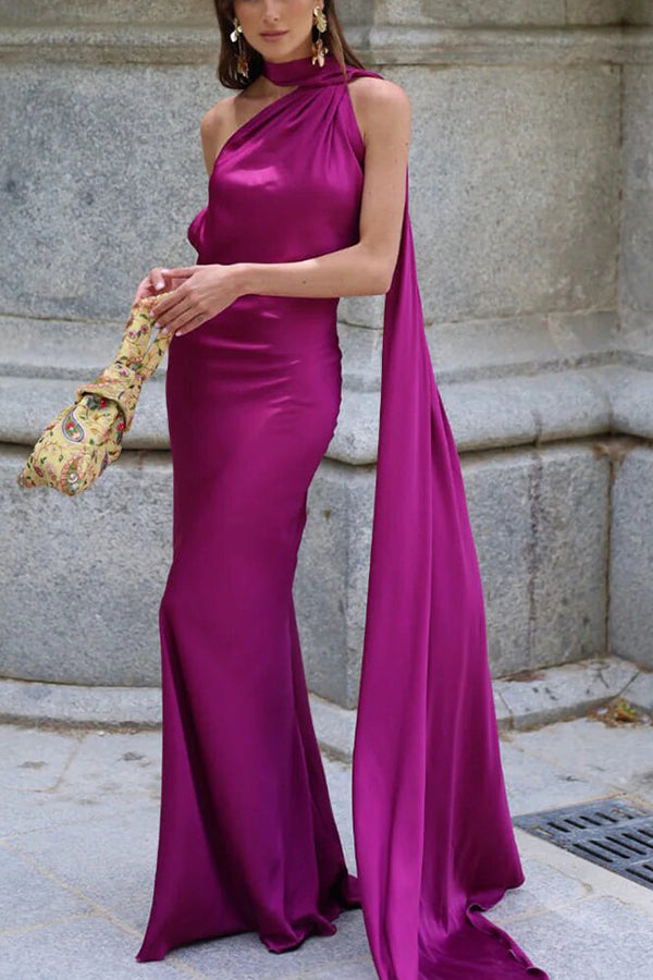 Crush on You Satin One Shoulder Backless Cape Maxi Dress