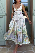Euro Summer View Linen Blend Unique Print Tie-up Straps Pocket Midi Dress
