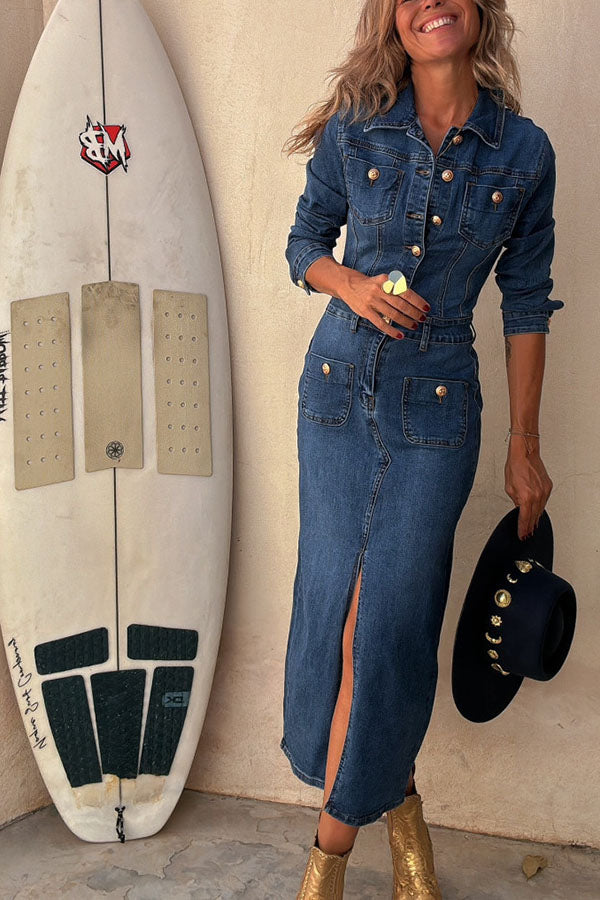 Tessy Denim Metal Button Zipper Shirt Stretch Pencil Slit Midi Dress