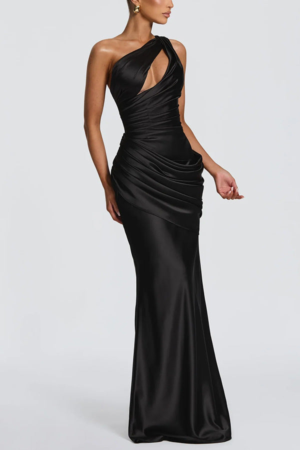 Emina Satin One Shoulder Asymmetrical Neck Cutout Back Lace-up Drape Maxi Dress (red)