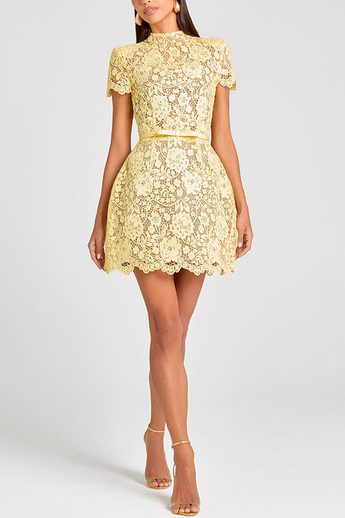 Champagne Toast Flower Lace Short Sleeve Bow Belted Mini Dress